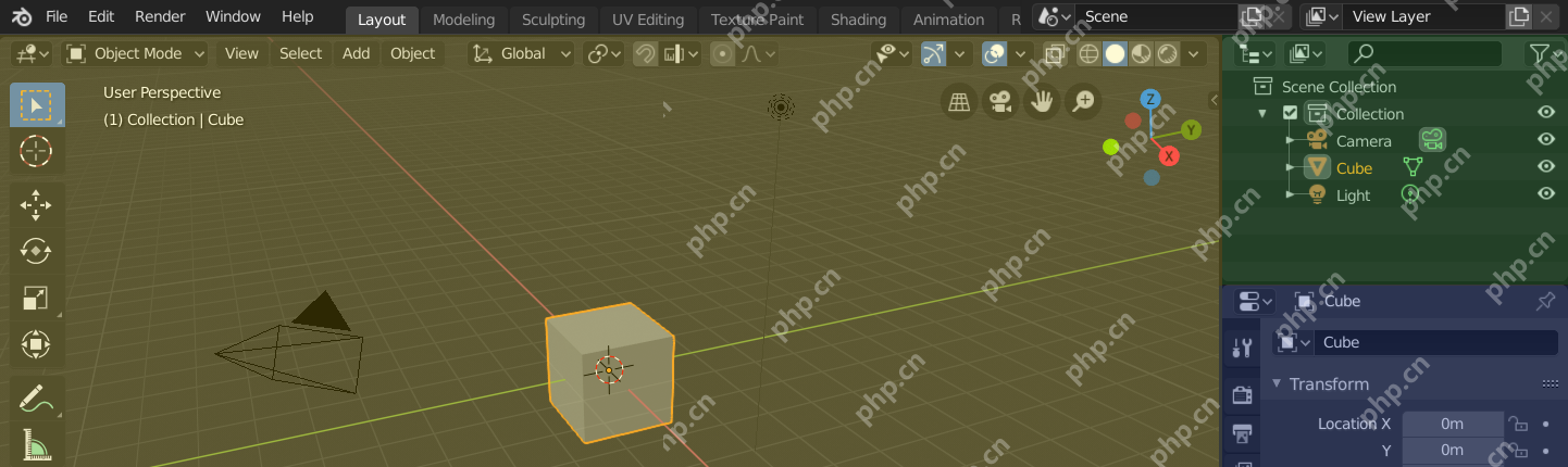 Blender 顶部工作区标签栏显示 Layout、Modeling、Sculpting、UV Editing 等标签并保留 3D 视图