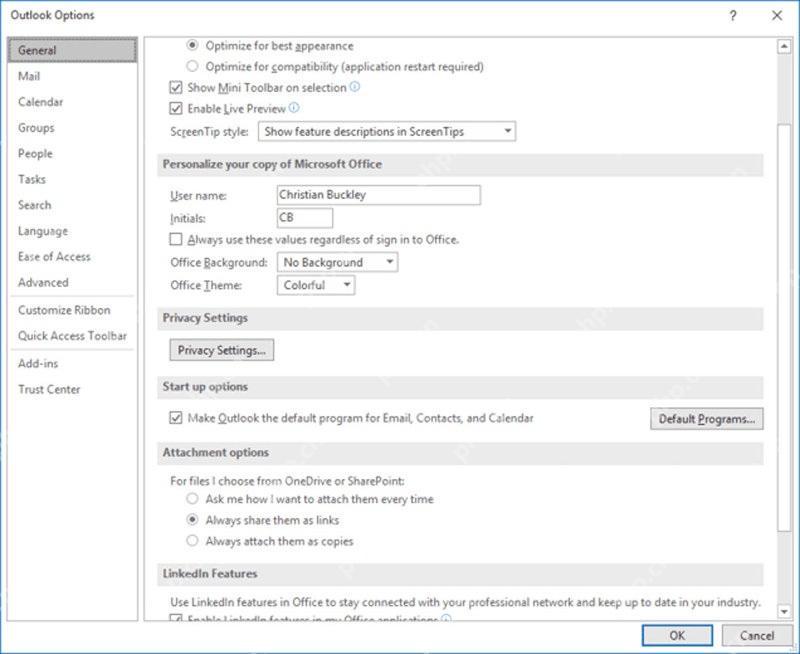 Outlook 选项里的附件链接发送设置