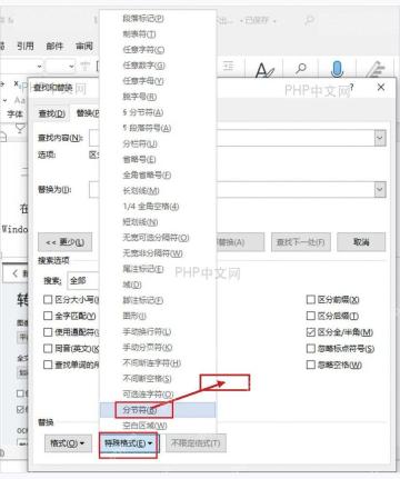 Word 查找和替换窗口中特殊格式菜单选择分节符