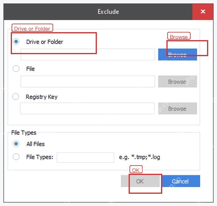 CCleaner Windows 电脑端 Exclude 对话框里的 Drive or Folder 和 Browse