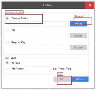 CCleaner Windows 电脑端 Exclude 对话框里的 Drive or Folder 和 Browse
