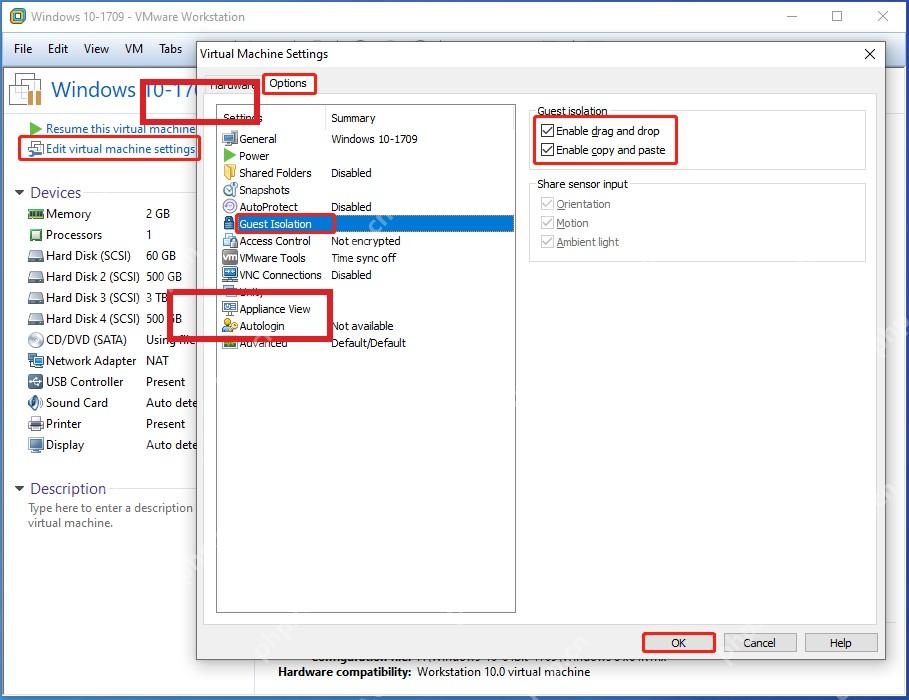 VMware Workstation Windows 主机 Options 选项卡中 Guest Isolation 位置