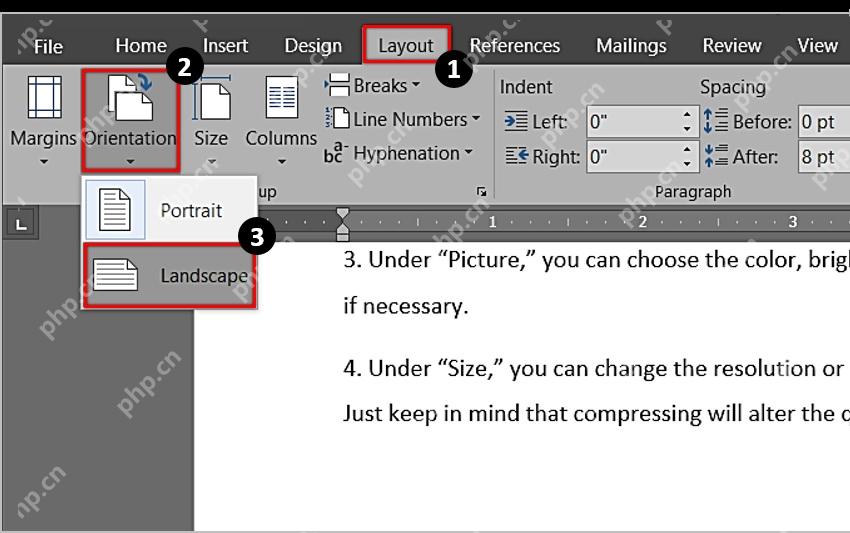 Word Layout 选项卡中打开 Orientation 菜单并选择 Landscape 页面方向