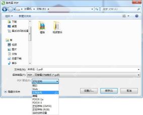Windows 桌面 CorelDRAW 发布至 PDF 保存窗口显示 PDF 保存类型和预设下拉框，证明导出 PDF 时要先选保存类型和预设。