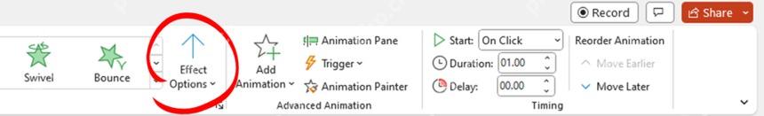 PowerPoint 动画功能区中的效果选项入口