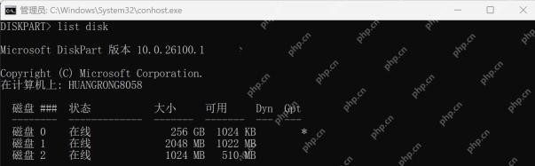 DiskPart 中测试磁盘 2 的 Gpt 列尚无星号
