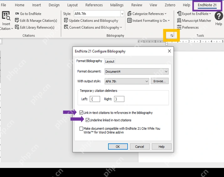 Windows Word 中 EndNote 21 Configure Bibliography 窗口显示 With output style 为 APA 7th