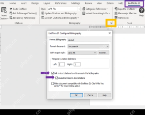 Windows Word 中 EndNote 21 Configure Bibliography 窗口显示 With output style 为 APA 7th