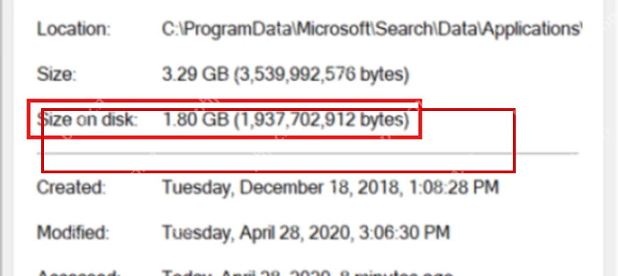 Windows 搜索数据库 Size on disk 大小
