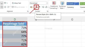 Excel 开始选项卡中选中百分比数据区域并点击百分比样式按钮的步骤图