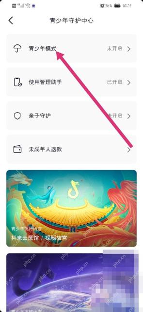 抖音青少年守护中心里的青少年模式入口