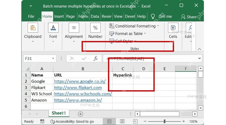 Excel 公式栏输入 HYPERLINK 函数,把 A2 文本地址生成可点击超链接
