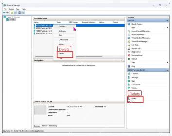 Hyper-V 管理器虚拟机右键菜单和右侧操作面板的 Delete 删除入口