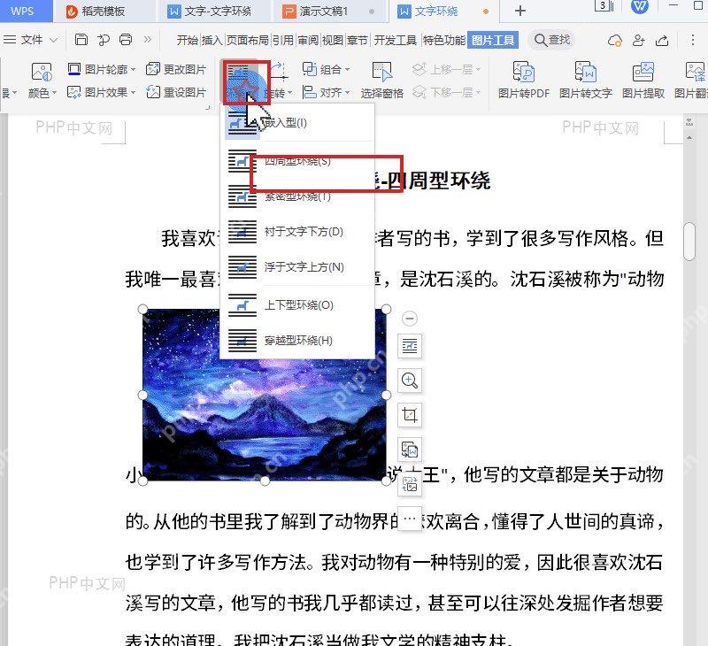 WPS 文字图片工具环绕菜单中选择四周型环绕