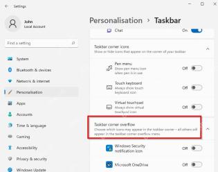 Win11 任务栏角落溢出列表中关闭 OneDrive 等托盘图标