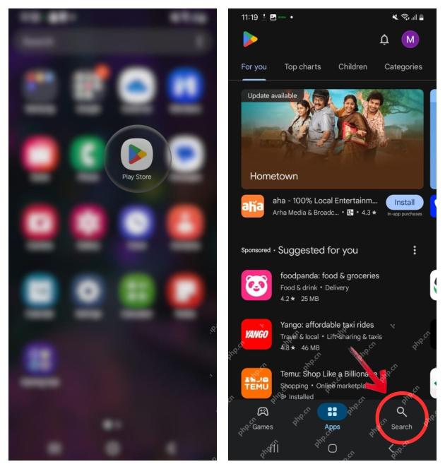 Android 应用商店打开 Play Store 并搜索 WPS Office 的步骤界面