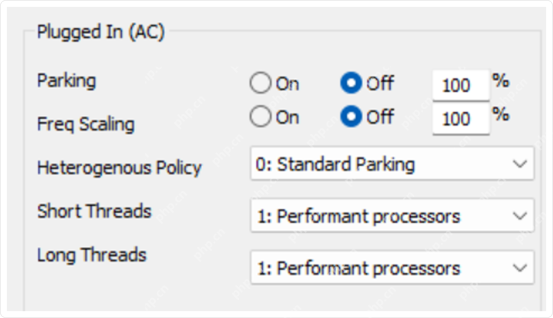 ParkControl 插电模式下 Parking、Freq Scaling 和线程策略区域。