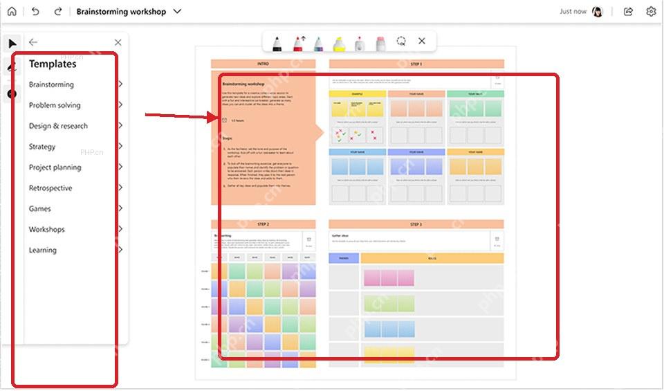 Microsoft Whiteboard 模板面板中选择头脑风暴模板