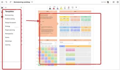 Microsoft Whiteboard 模板面板中选择头脑风暴模板