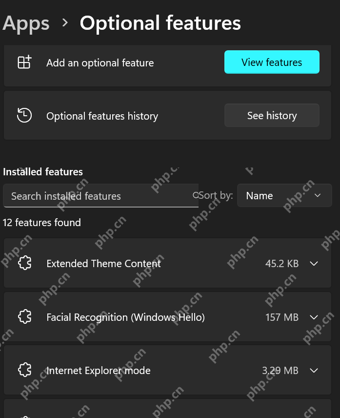 Windows 11 设置应用 Optional features 页面显示 Installed features 和 View features