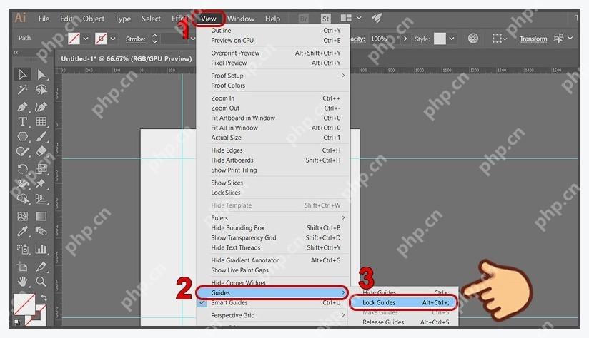 Illustrator View 菜单中进入 Guides 并选择 Lock Guides