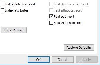 Force Rebuild 按钮和索引选项同屏,正对应重建数据库步骤。 Everything Indexes 页面下半部分,Fast sort 选项和 Force Rebuild 按钮可见。