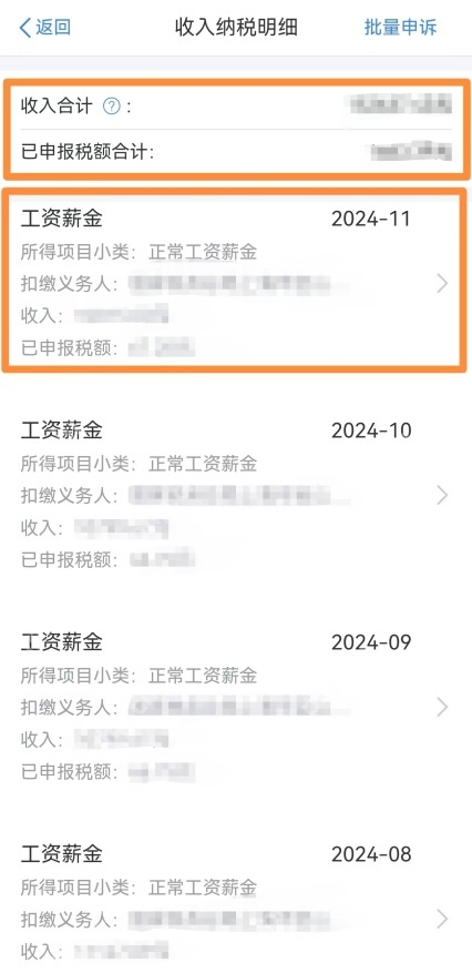 个人所得税App工资薪金收入纳税明细列表