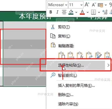 Excel 选中表格数据区域后右键菜单中的选择性粘贴入口被红框标出
