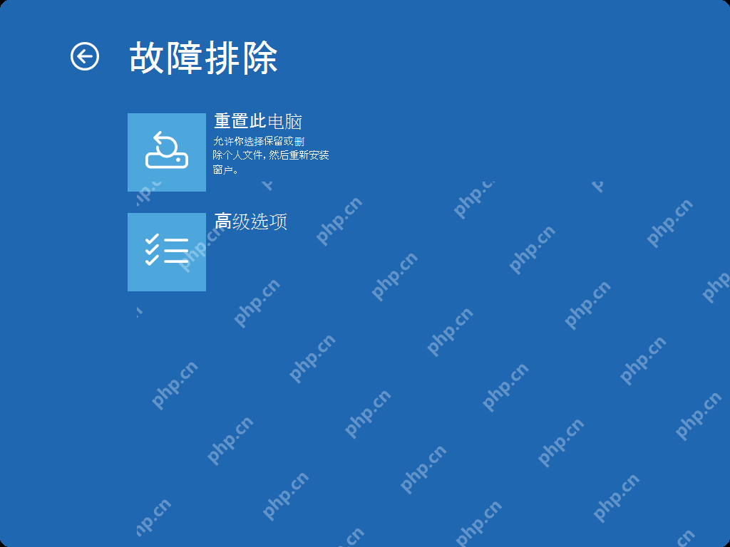Windows 恢复环境疑难解答页面显示高级选项