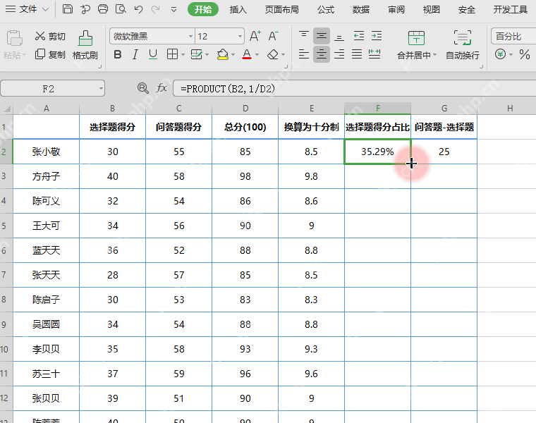 WPS表格中计算结果列显示百分比和两位小数效果