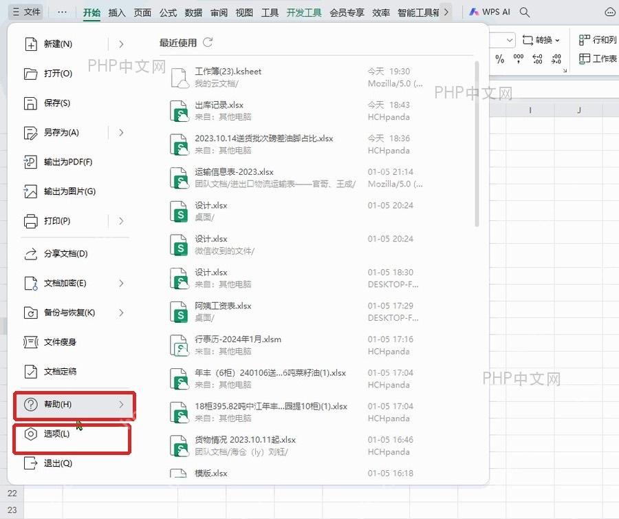 WPS表格文件菜单底部的选项入口