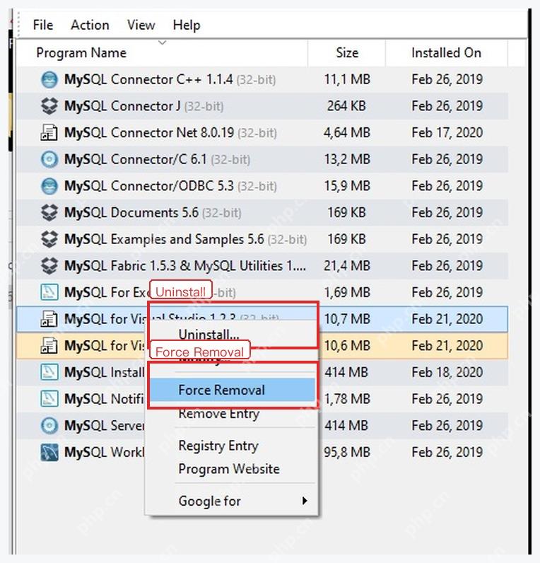 Geek Uninstaller 程序右键菜单中的 Uninstall 和 Force Removal 选项