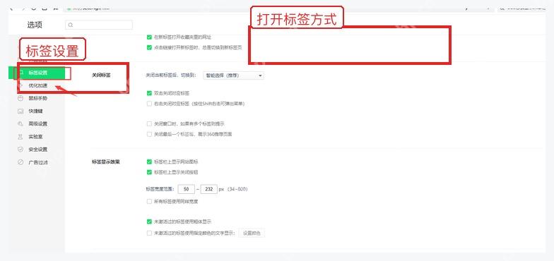 360安全浏览器选项页中的标签设置入口