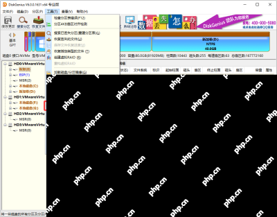 Windows中文 DiskGenius 工具菜单显示克隆磁盘入口,证明整盘克隆要先从工具菜单进入克隆磁盘功能。