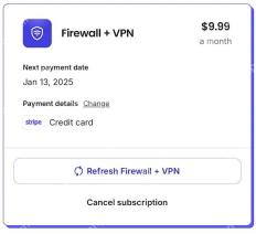 Brave Premium 账户中的网络保护订阅卡片