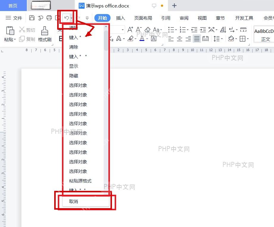 WPS 文档窗口中展开的撤销历史和撤销按钮,服务于先检查撤销记录这一步