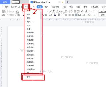 WPS 文档窗口中展开的撤销历史和撤销按钮,服务于先检查撤销记录这一步