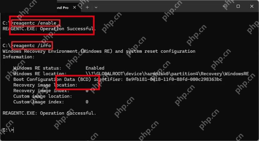 重新启用 WinRE 并检查 Enabled 状态。