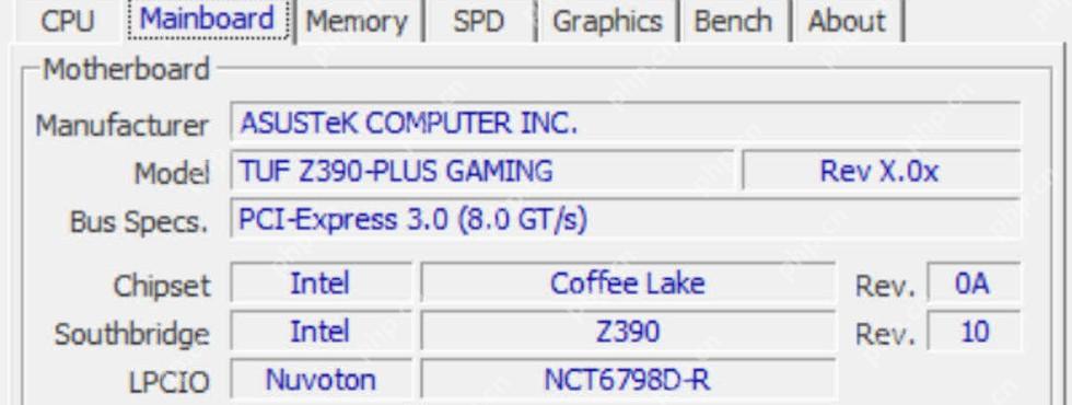 CPU-Z Mainboard 页面 Motherboard 区域显示厂商和 Model 型号