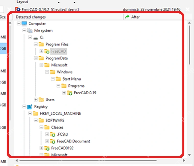 Total Uninstall Windows 右侧 Detected changes 文件系统树状列表。