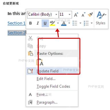 Word 右键菜单里的更新域选项,红框标出 Update Field