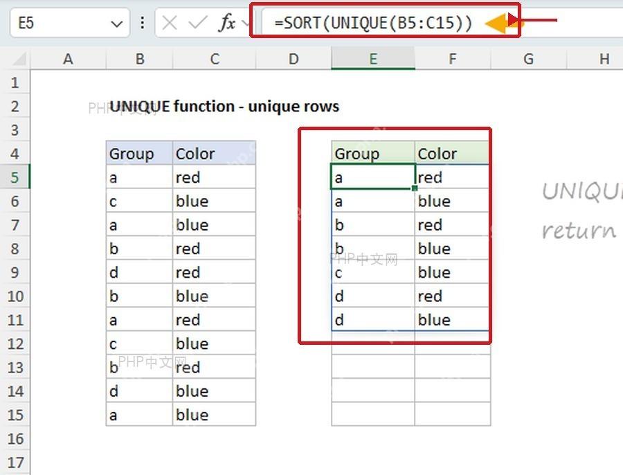 Excel UNIQUE 函数公式栏和去重后的唯一行结果
