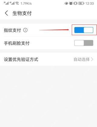 支付宝生物支付页里指纹支付开关变蓝,确认指纹支付已经启用