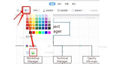 WPS 流程图工具栏中打开油漆桶填充菜单，显示常用颜色调色板