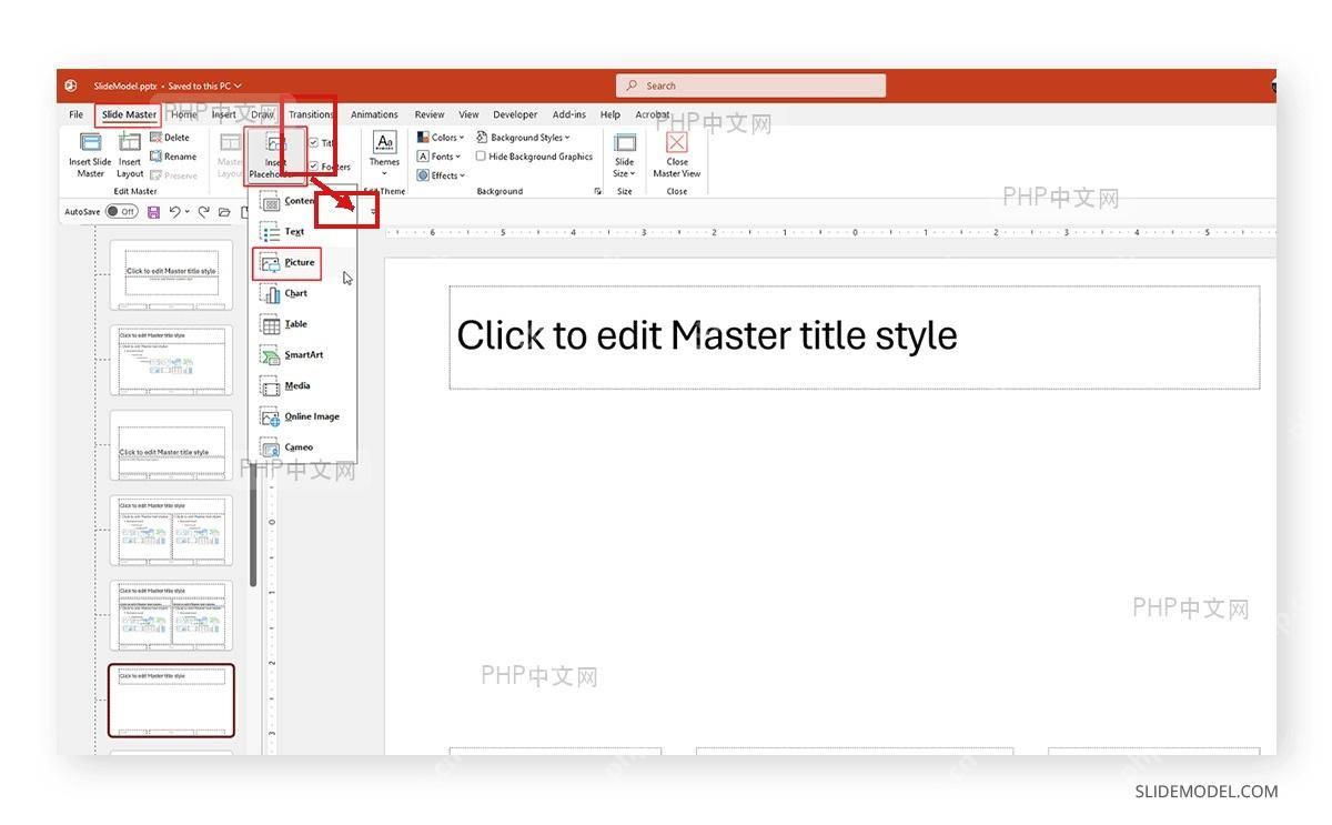 PowerPoint 幻灯片母版中选择图片占位符菜单