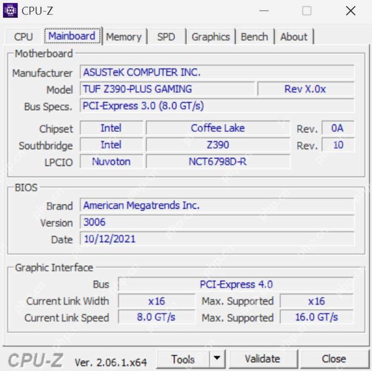 CPU-Z Mainboard 标签页显示主板厂商型号 BIOS 和图形接口信息