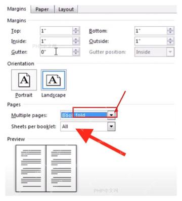 Word 页面设置窗口中每册中页数下拉框被标出,用于第五步选择书籍折页分册页数