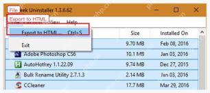 Geek Uninstaller File 菜单中的 Export to HTML 入口