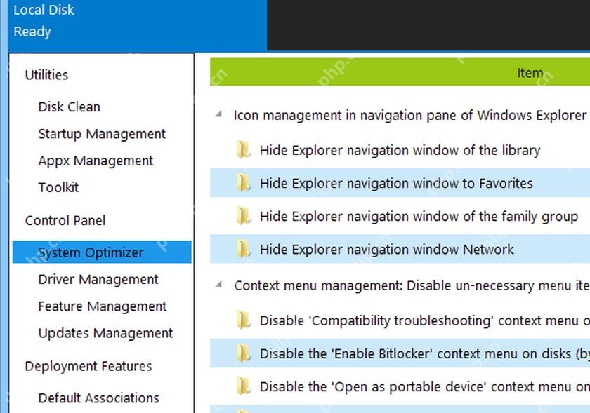 Dism++ System Optimizer 页面中的 Context menu management 区域