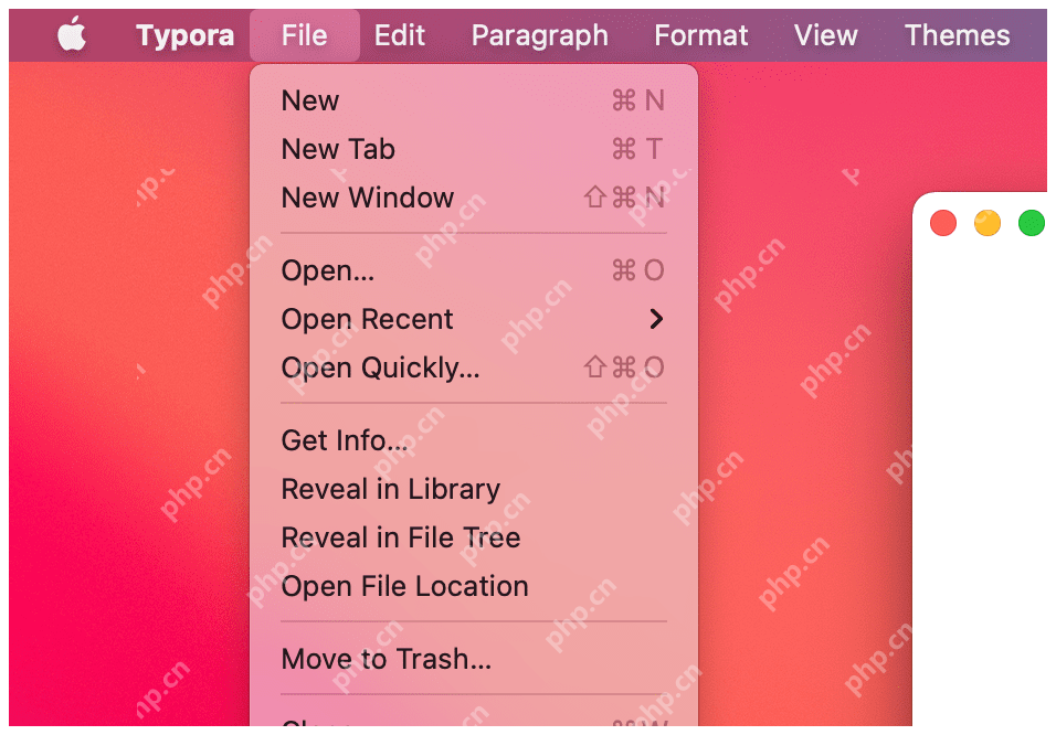 Typora 的 File 菜单展开,能看到新建、打开、保存和另存为入口。